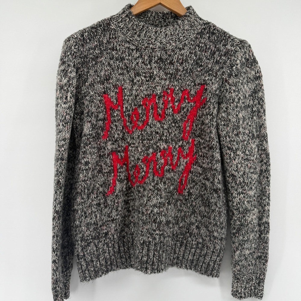 Loft Merry Merry Marled Grey Holiday Sweater Womens Medium Mock Neck Red Script